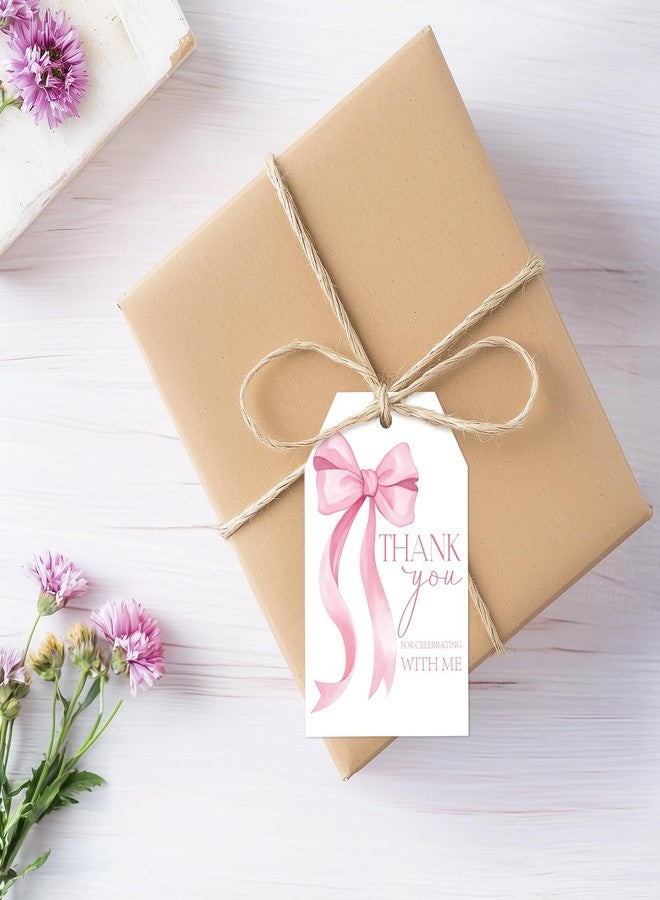 g2 بلس بطاقات شكر مزينة بفيونكة وردية من G2PLUS، بطاقات هدايا مزينة بفيونكة لحفلات استقبال المولود، 50 قطعة من ملصقات ورقية بيضاء مكتوب عليها "شكرًا لمشاركتكم فرحتي"، بطاقات معلقة لحفلات توديع العزوبية، وحفلات الزفاف، وحفلات أعياد الميلاد. - Image 4